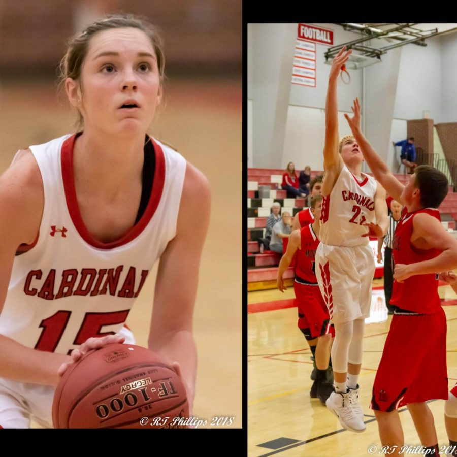 Two final pictures capture Junior Kara Koester shooting free-throws and sophomore Heath Hilger going up for a lay-up. Photos courtesy of Tom Phillips.