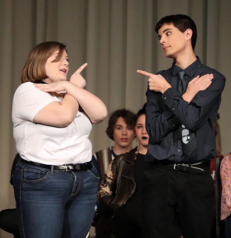 At the fall play, junior Rylie Thompson (as Clarissa Vendor) and senior Neal Zolmgann (as Mr. Scammerton) begin to dance the Macarena. This was one of the many humorous aspects included in the play