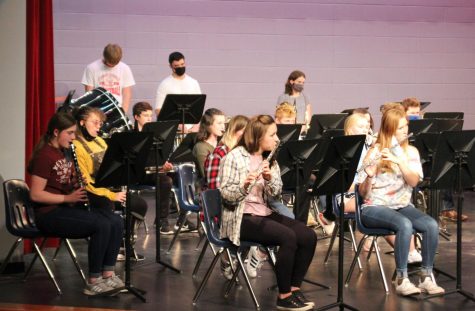 The band records their part of the Winter Concert. They went on stage during their class period to record, and members of the Audiovisual class recorded them.