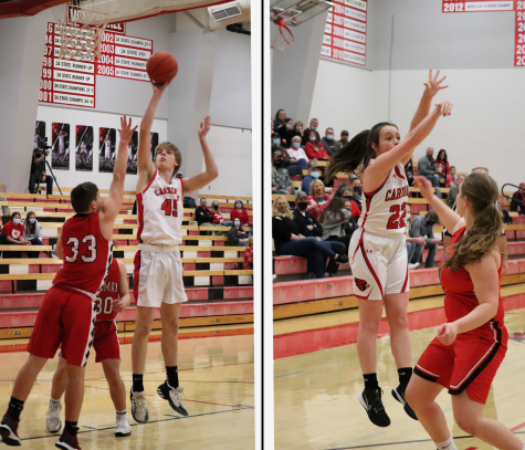 Throughout the season the Cardinals fought many battles. In this picture freshman Nash Johnsen and freshman Haylee Osner shoot the ball for Cardinal points against the Kingman Eagles. “This season was a good season,” senior Zach Osner said. “I was sad to know I’ll never play again.” 
