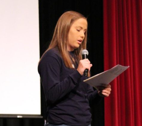 In order to kick off the league’s events, current Stuco president Kara Zoglmann gives a welcoming speech in the auditorium to the schools that were in attendance. 
