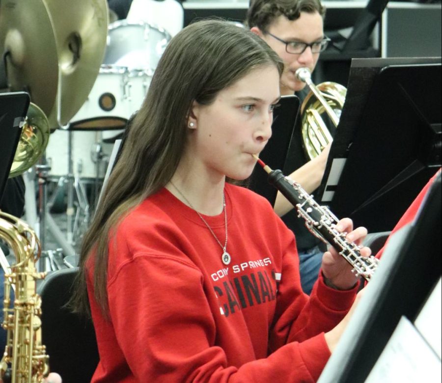 In+band+class%2C+freshman+Erica+Zoglmann+practices+her+honor+band+music.+Zoglmann+was+selected+as+second+chair+oboe.+%0A