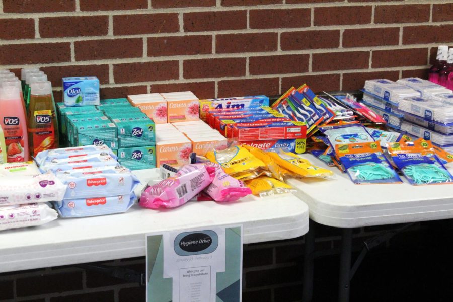 The hygiene drive items were placed on a table in the commons.