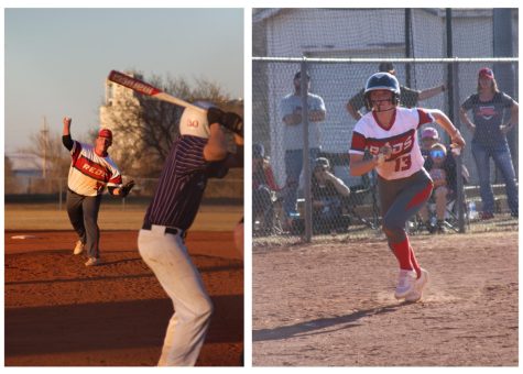 Left: Senior Russell Chitwood pitches against Douglass April 3. Right: Sophomore Regan May runs from third to home in the game against Douglass. Both teams lost both games of the double-headers.