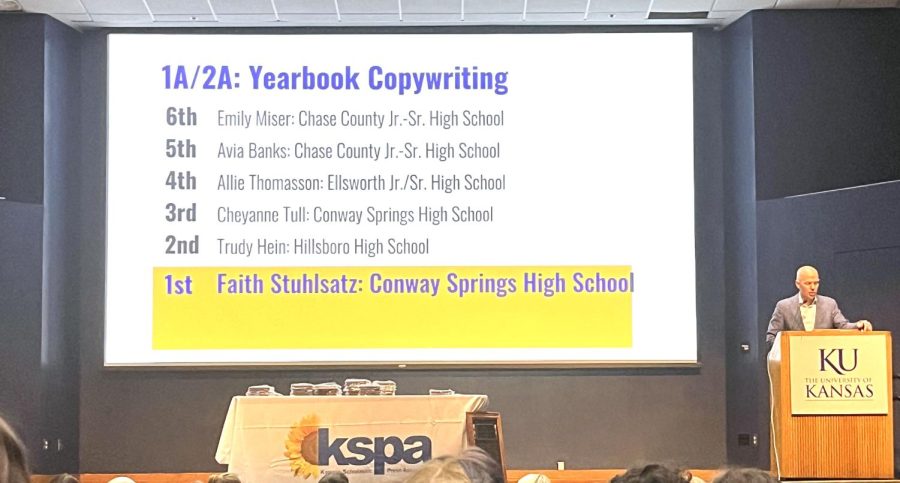 KSPA president Eric Thomas announces the winners of 1A/2A Yearbook Copywriting. Five student journalists from Student Publications went to the State Journalism Celebration at KU May 6. Senior Faith Stuhlsatz placed first in Yearbook Copywriting.