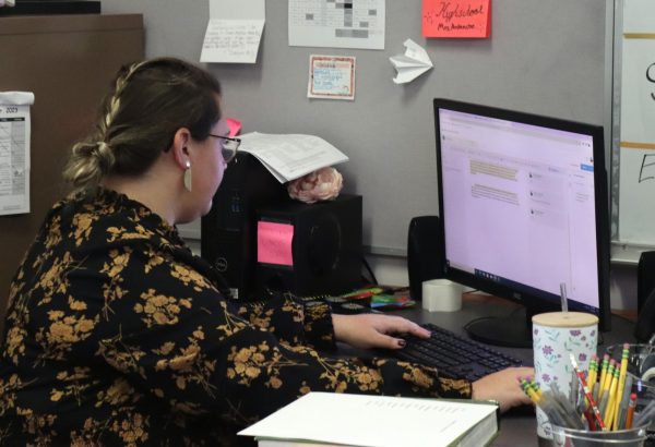 English teacher Sierra Ardanche works on grading her eighth hour classes essays. Students were assigned a narrative essay to write on one of three prompts. 
