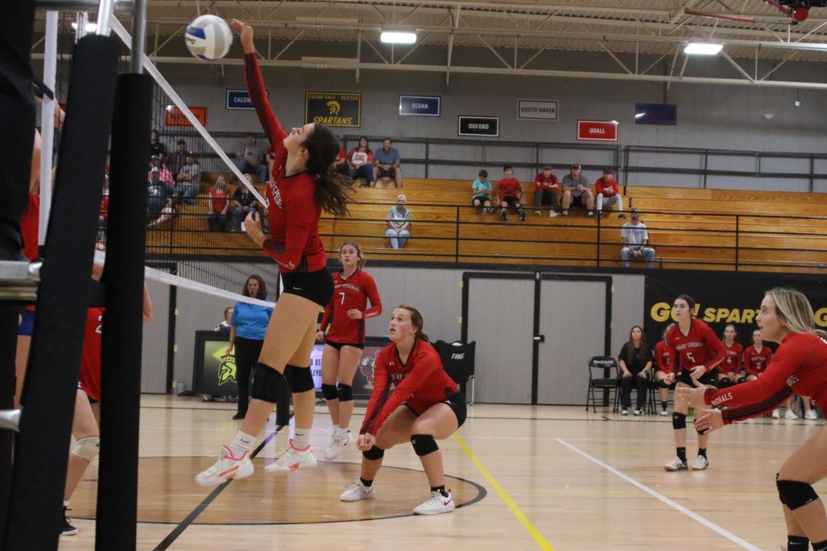 Senior Kaley Perkins hits the ball, while juniors Raylee Chitwood, Bailey Kennard, and Brooke Beck cover her. The team played Eureka for the play-in game at Substate Oct. 21.
