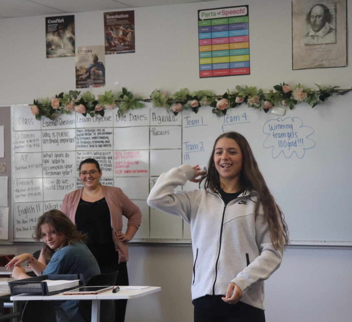 Freshman Bailey Haines attempts to score for her team in a game of trashketball. Freshman were playing a review game to memorize their vocab words. 