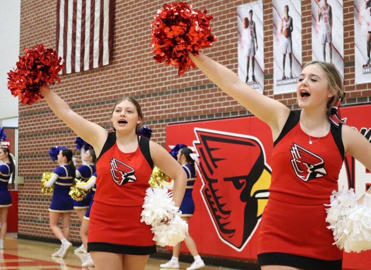 Seniors Riley Fevella and Lacey Kelly cheer at a home basketball game. Kelly is a captain this year.