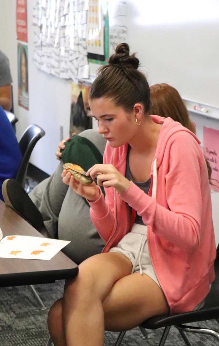 In 8th hour Humanities class, senior Jacie Perkins works on her Kartoffeldruck. This is a traditional German art, made from carving a potato into a stamp.