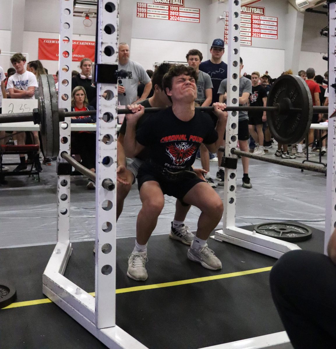 During his squat rotation, freshman Colson Jones is straining to get up the weight. Jones placed first in this event and in bench and clean earing a first place overall medal. 